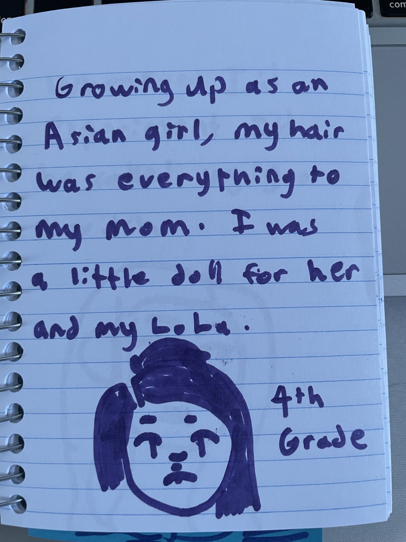growing up as an Asian girl, my hair was everything to my mom. I was a little doll for her and my Lola (filipino word for grandma) a drawing of me in the 4th grade. my hair is straight and bobbed. one piece of hair on the top of my head is tied into a side ponytail, a common hairstyle for younger asian girls.