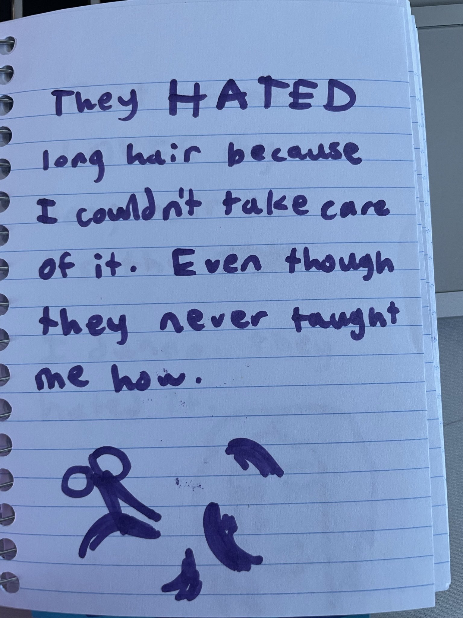  they Hated long hair because I couldn't take care of it, despite them never telling me how. there is a drawing of scissors cutting several chunks of hair.