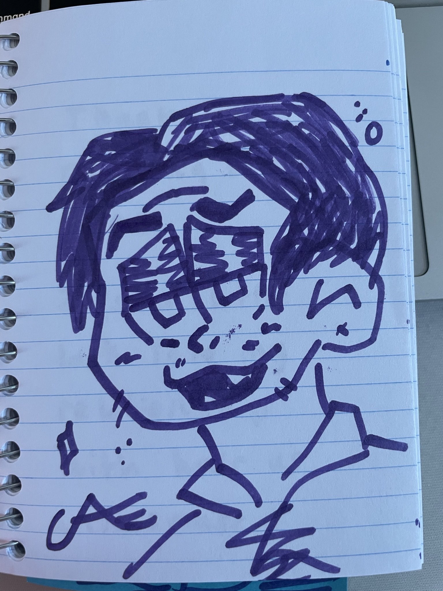 a stylized cartoon of myself i have darkened upper lids denoting how tired i am, I have a styled and slicked back short masculine hairstyle. i drew myself with fangs. my signature CAE is in the bottom left corner